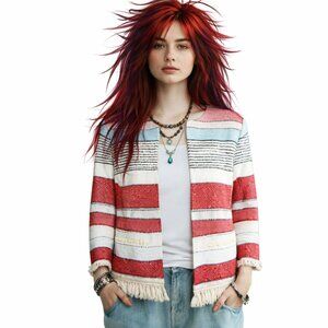 J. McLaughlin Davis Red Blue Cream Mixed Stripe Fringe hem Jacket, Size XS